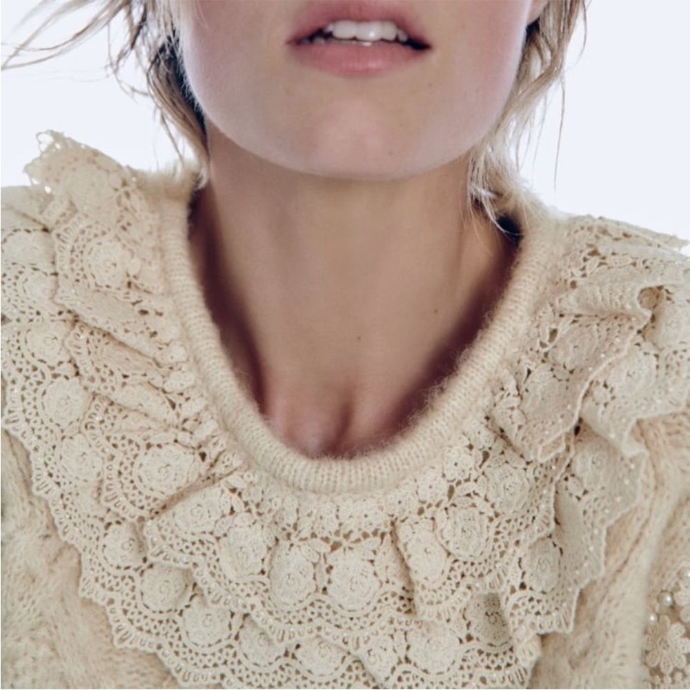 BOGO! ZARA Lace Ruffle Collar Pearl Cable Knit Sweater Cream Small - Picture 2 of 11